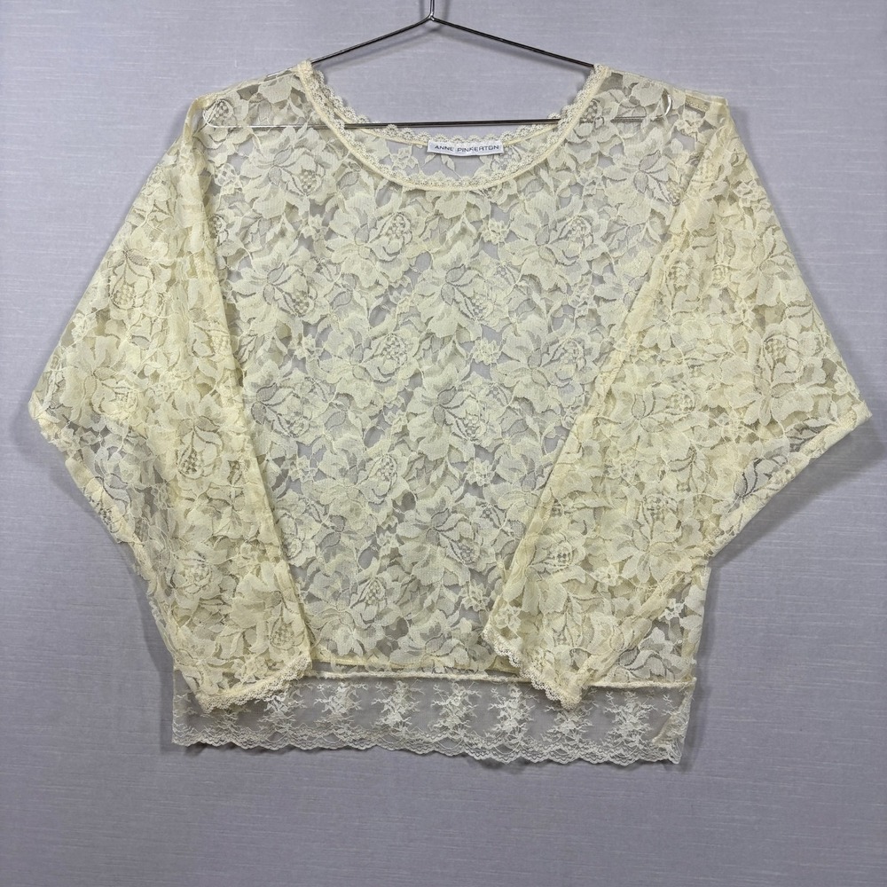 Vintage Anne Pinkerton Sheer Lace Top Womens M Ivory Floral USA Cottagecore